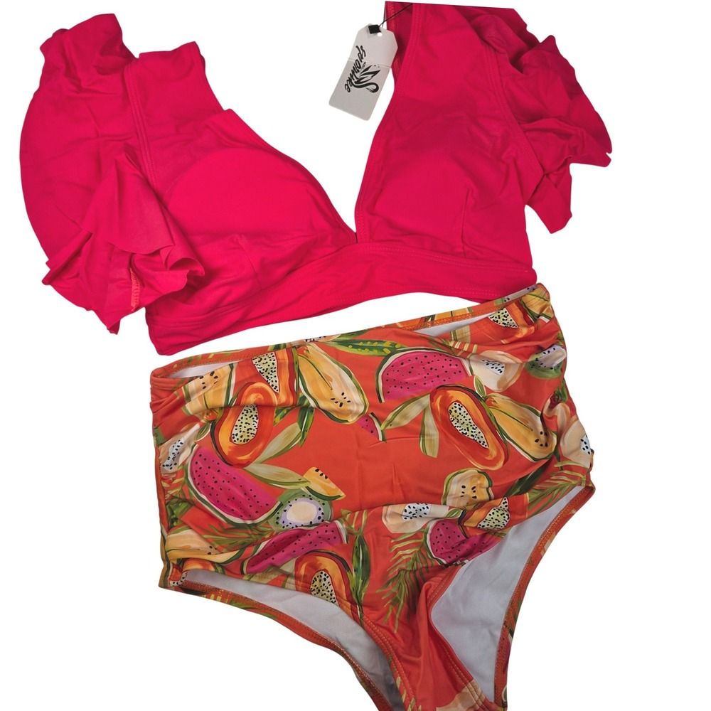 Sporlike Bikini Set Womens M Red Orange Fruit Print Ruffle‎ High Waist 405 NWT